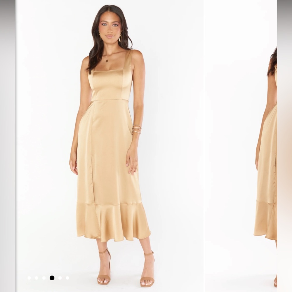 Show me your mumu true gold lux satin Claire midi dress without bows
